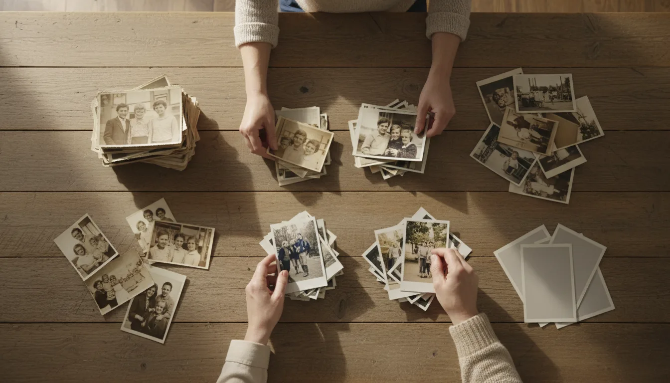Assorted old photographs spread on a table with sorting piles forming